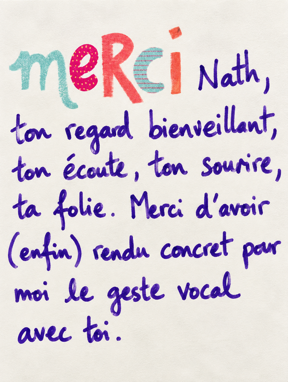 Carte de remerciement manuscrite colorée